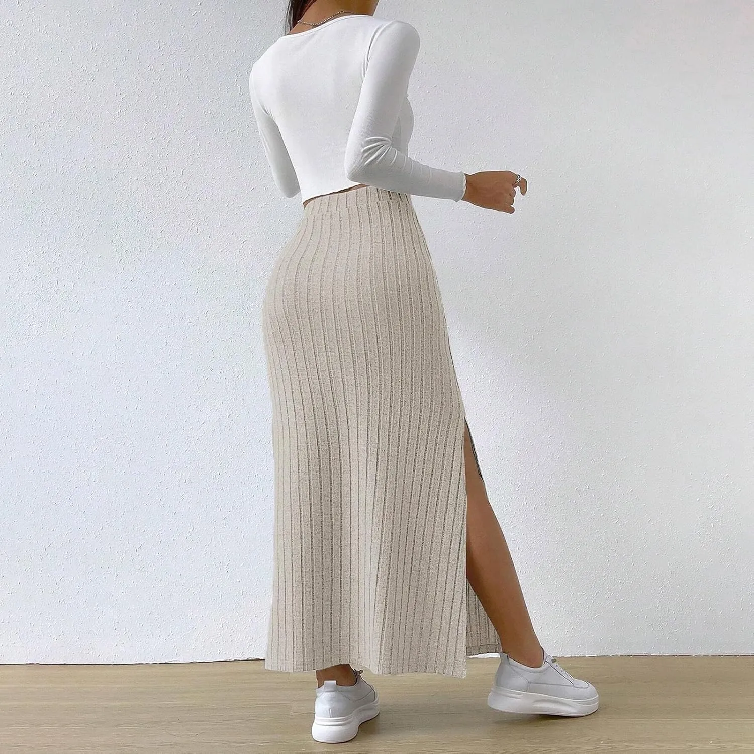 High Waisted Maxi Skirt Solid Color Long Women's High-waisted Knitted Slimming Commuting Style with Side Slit Elastic