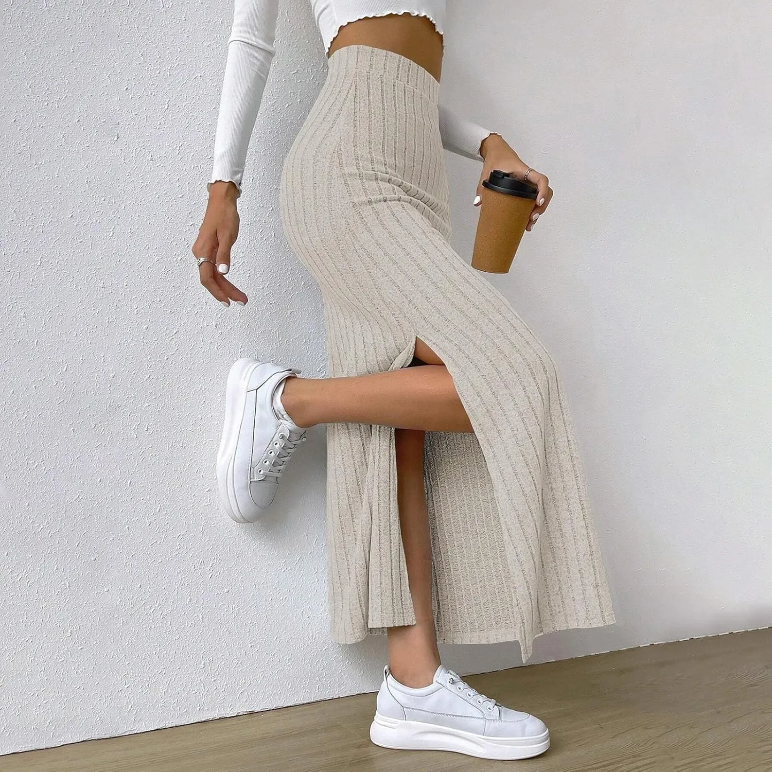 High Waisted Maxi Skirt Solid Color Long Women's High-waisted Knitted Slimming Commuting Style with Side Slit Elastic
