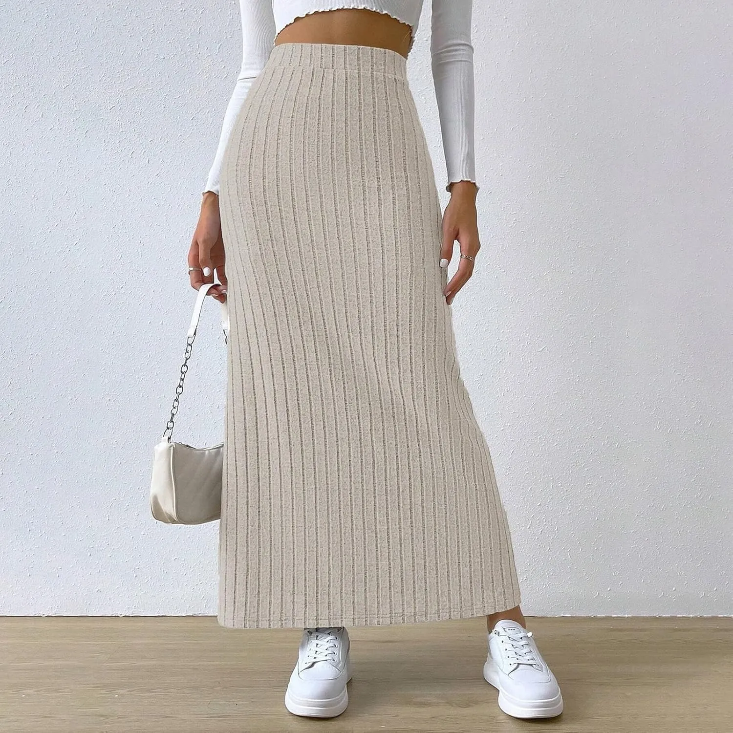 High Waisted Maxi Skirt Solid Color Long Women's High-waisted Knitted Slimming Commuting Style with Side Slit Elastic