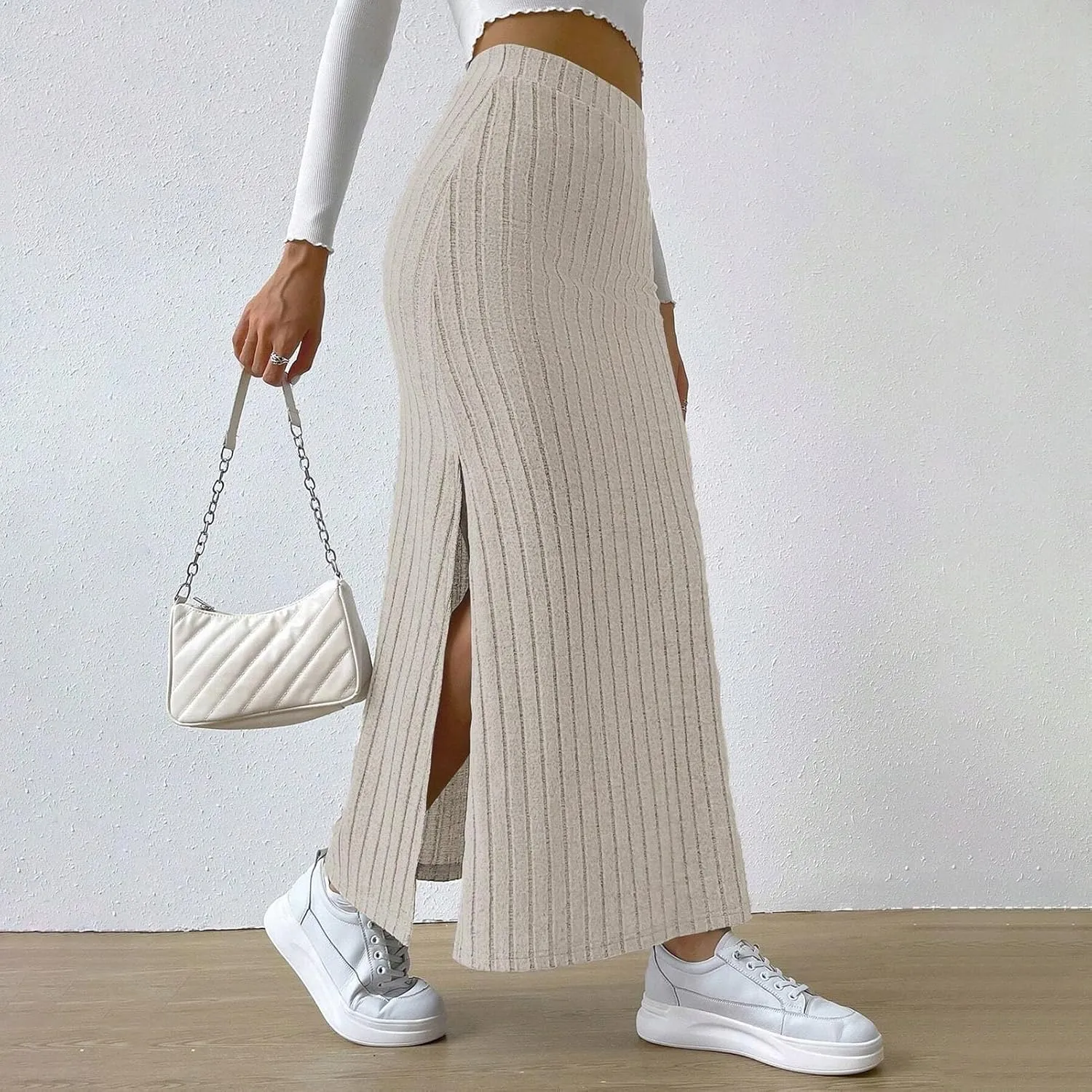 High Waisted Maxi Skirt Solid Color Long Women's High-waisted Knitted Slimming Commuting Style with Side Slit Elastic