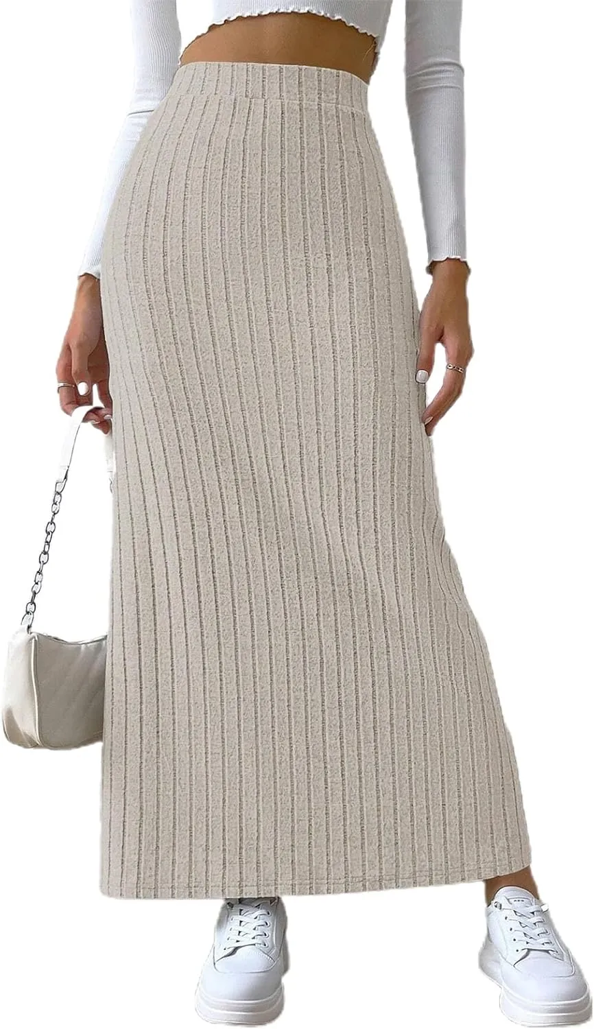 High Waisted Maxi Skirt Solid Color Long Women's High-waisted Knitted Slimming Commuting Style with Side Slit Elastic