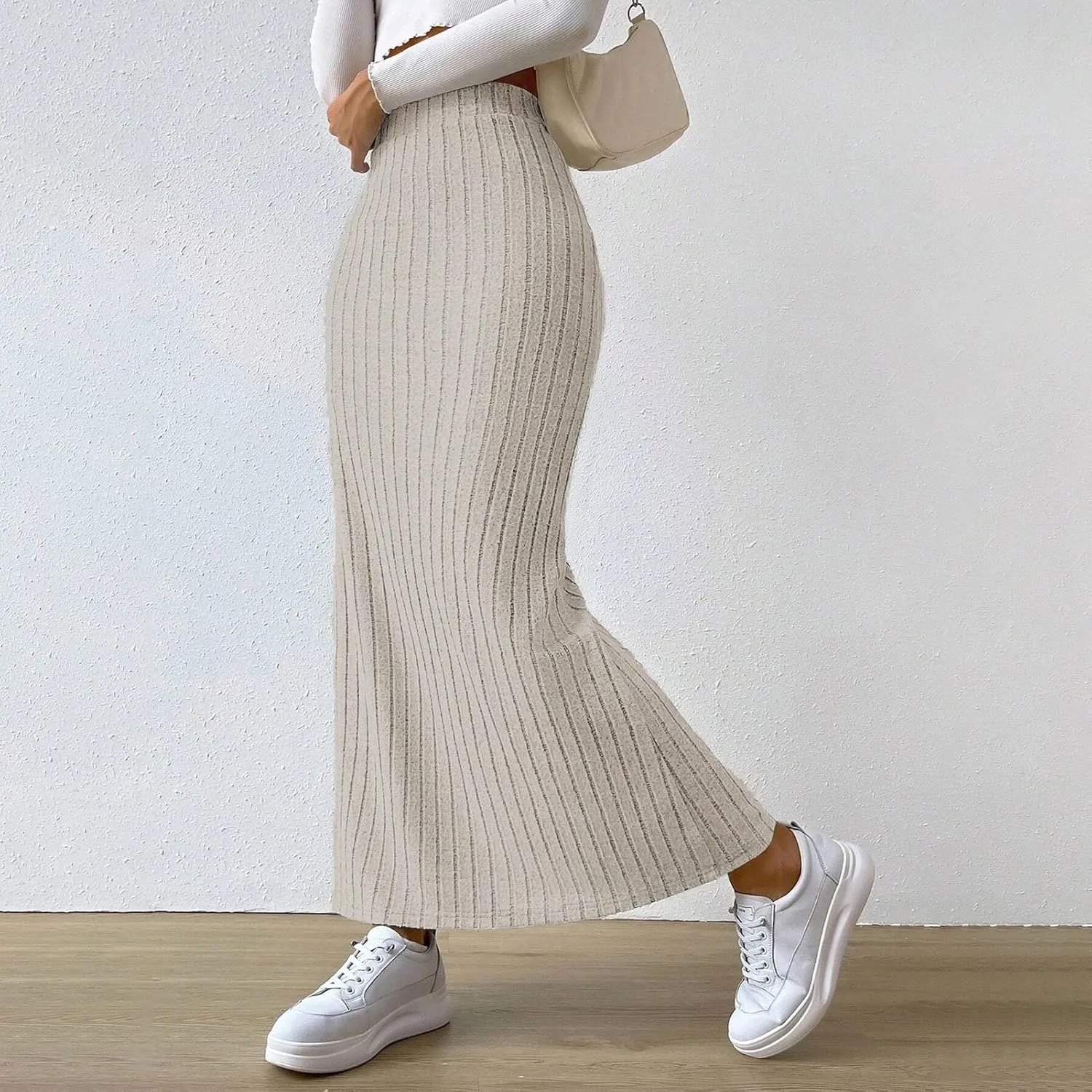 High Waisted Maxi Skirt Solid Color Long Women's High-waisted Knitted Slimming Commuting Style with Side Slit Elastic