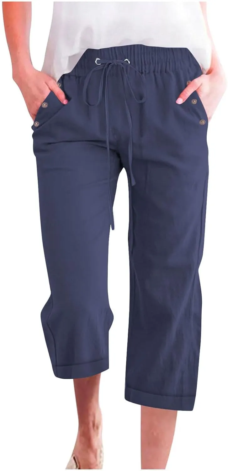 hlysgo Casual Capri Pants for Women High Waist Drawstring Beach Pants 2025 Summer Plus Size Cotton Linen Cropped Trouser