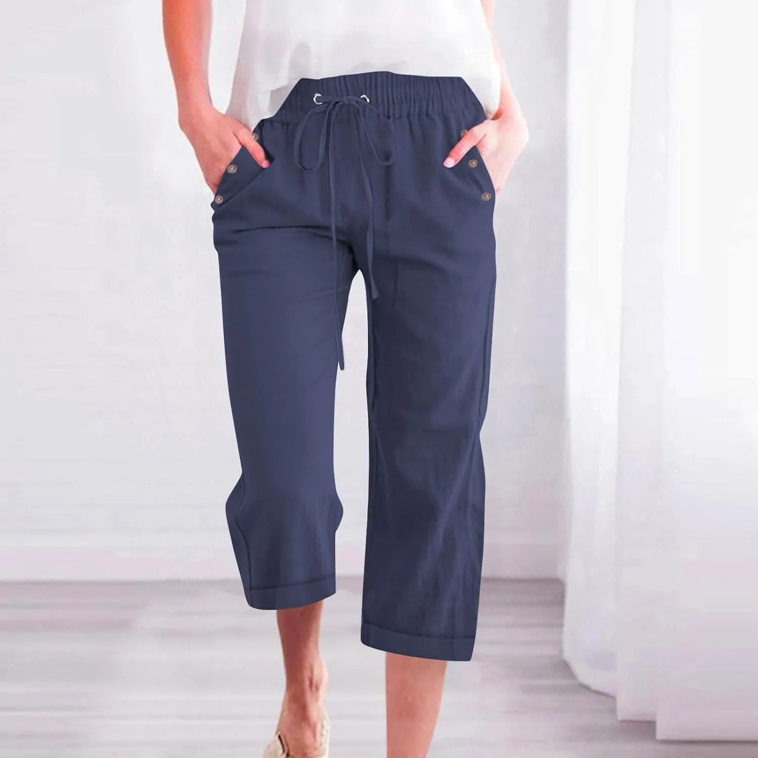 hlysgo Casual Capri Pants for Women High Waist Drawstring Beach Pants 2025 Summer Plus Size Cotton Linen Cropped Trouser
