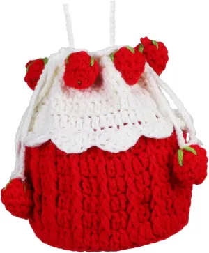 Homoyoyo Unique Strawberry Cake Bun Knitted Purse Bucket Bag Crochet Handbag Fruit Crochet Bag Drawstring Closure