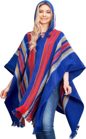 Hooded Poncho for Women in Royal Blue and Red Alpaca - Modern Long Cloak Cape - Cape Shawls Blanket