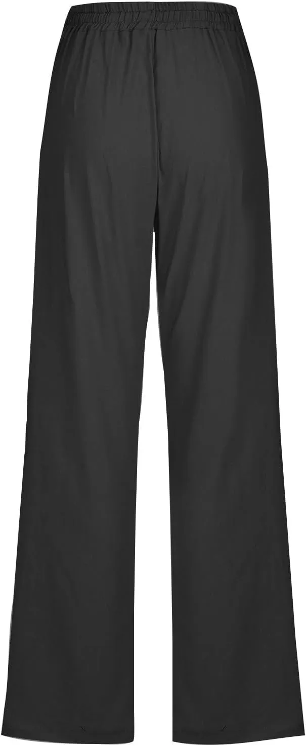 Hvyesh Women Cotton Linen Pants 2025 Summer Wide Leg Drawstring Elastic High Waisted Lounge Pants Casual Beach Trousers