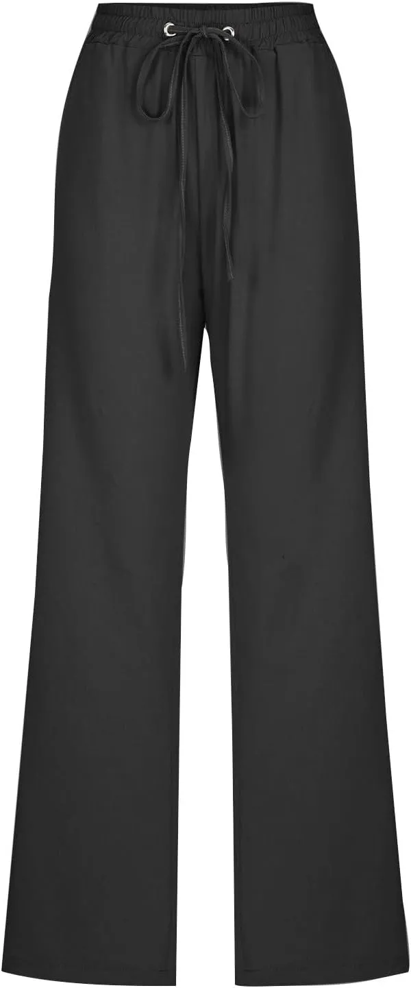 Hvyesh Women Cotton Linen Pants 2025 Summer Wide Leg Drawstring Elastic High Waisted Lounge Pants Casual Beach Trousers