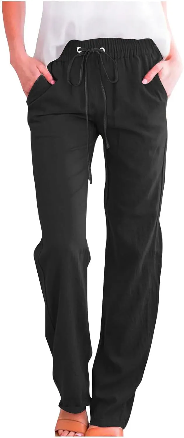 Hvyesh Women Cotton Linen Pants 2025 Summer Wide Leg Drawstring Elastic High Waisted Lounge Pants Casual Beach Trousers