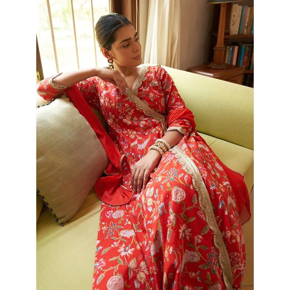 Janasya Women's Red Cotton Floral Printed Angarkha Kurta with Palazzo and Dupatta (Set of 3)