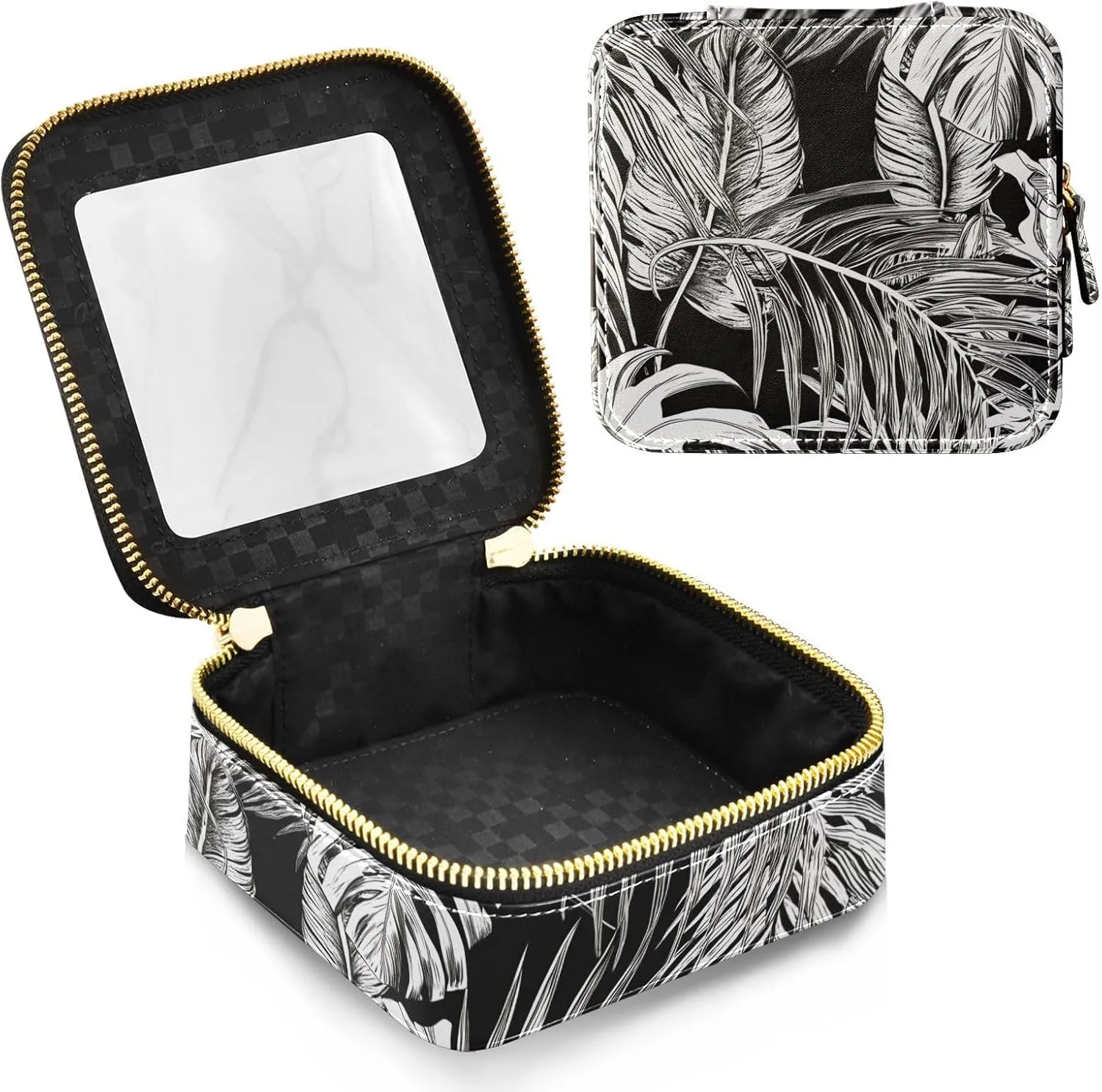 Joko Ivery Monsteraleaves Modern Black Clear Makeup Bag Travel Cosmetic Bags with Zipper Portable Toiletry Bag for Women Make Up Pouches Mini Car Organizer Bag for Men Women Travel Essentials