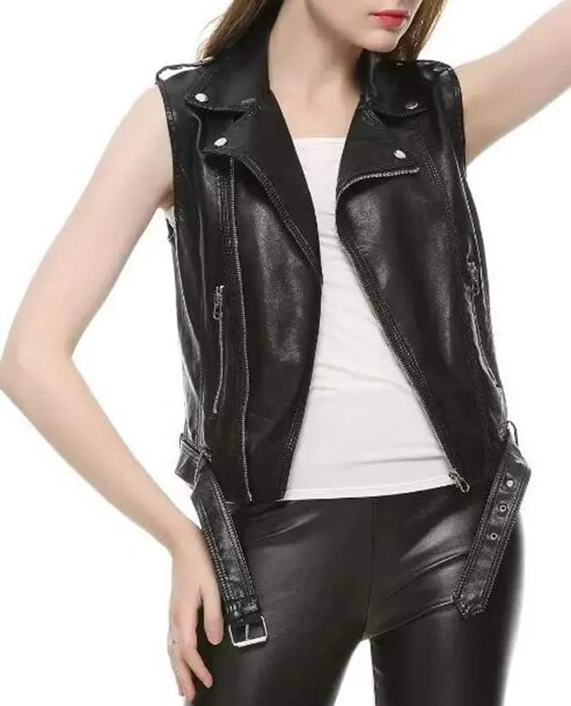 Kedera Womens Motorcycle Biker Faux Leather Sleeveless Vest Jacket Slant Zip with Pockets