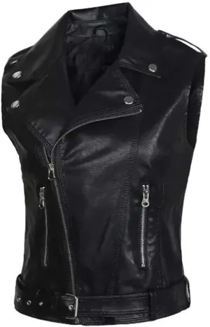 Kedera Womens Motorcycle Biker Faux Leather Sleeveless Vest Jacket Slant Zip with Pockets