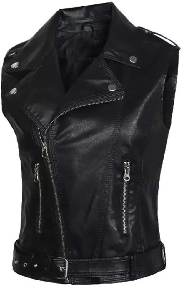 Kedera Womens Motorcycle Biker Faux Leather Sleeveless Vest Jacket Slant Zip with Pockets