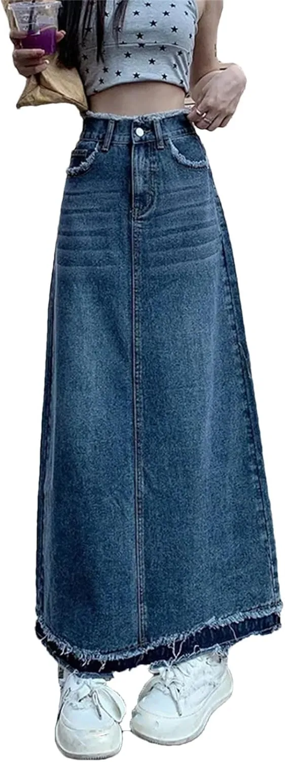 Korean Street Style Rough Edge Skirt Women Casual High-Waisted A-Line Skirt Loose Denim Skirts