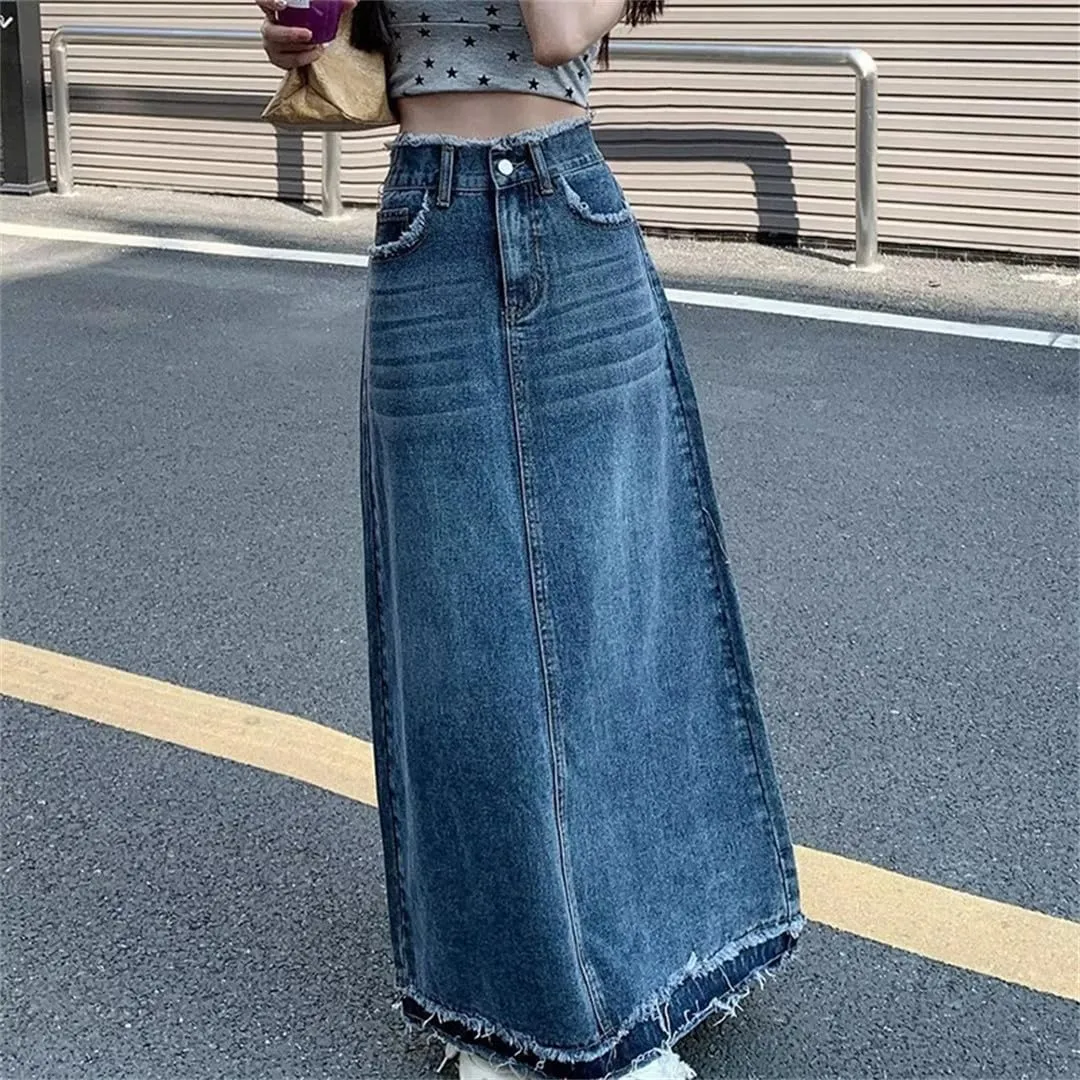 Korean Street Style Rough Edge Skirt Women Casual High-Waisted A-Line Skirt Loose Denim Skirts