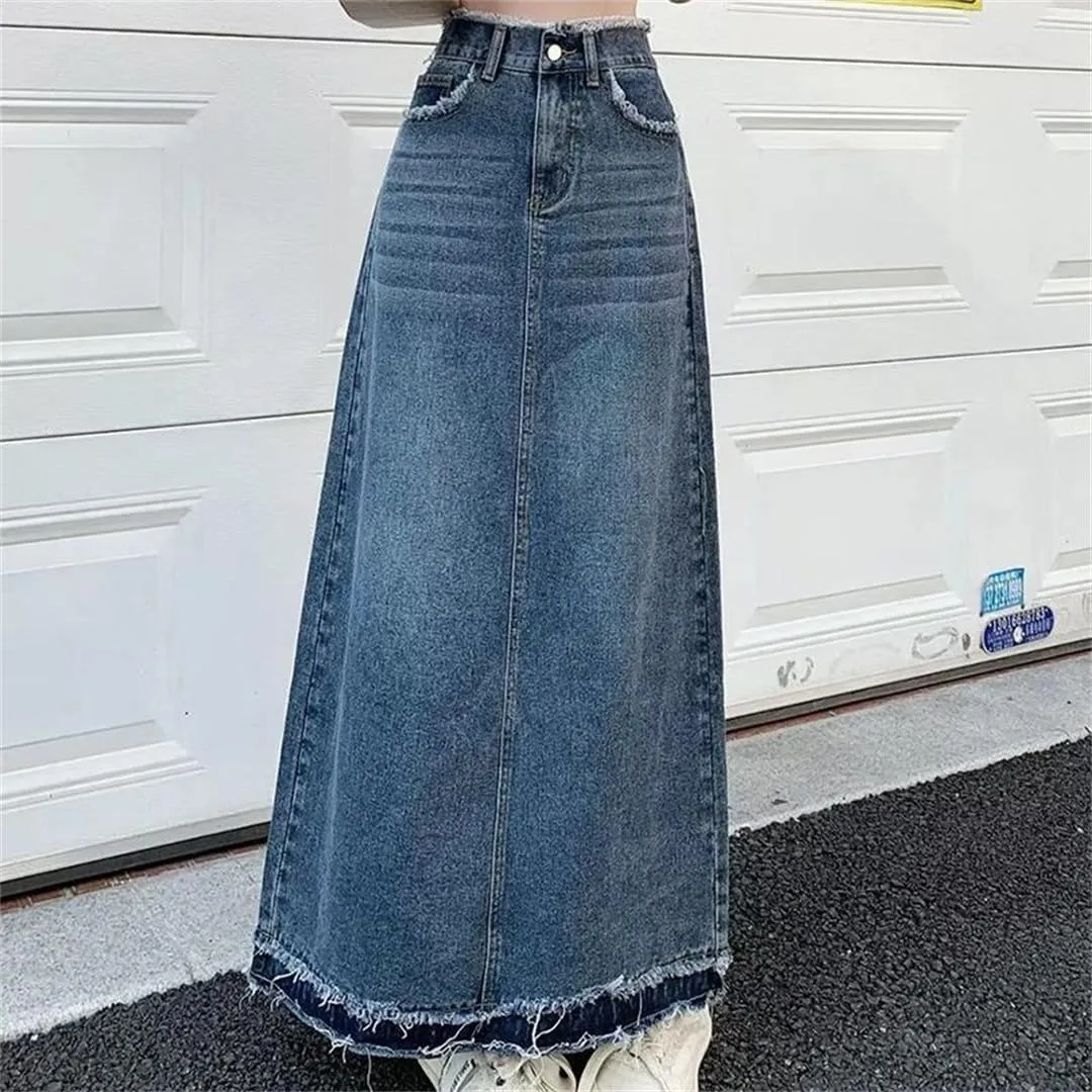 Korean Street Style Rough Edge Skirt Women Casual High-Waisted A-Line Skirt Loose Denim Skirts