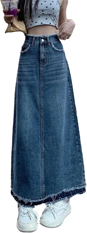 Korean Street Style Rough Edge Skirt Women Casual High-Waisted A-Line Skirt Loose Denim Skirts