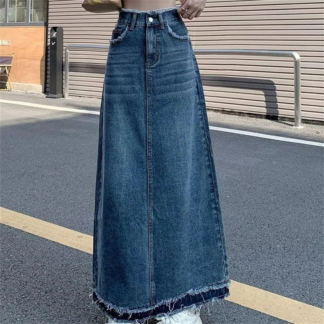 Korean Street Style Rough Edge Skirt Women Casual High-Waisted A-Line Skirt Loose Denim Skirts