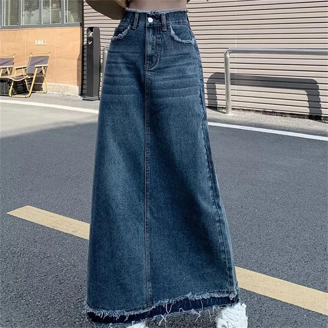 Korean Street Style Rough Edge Skirt Women Casual High-Waisted A-Line Skirt Loose Denim Skirts