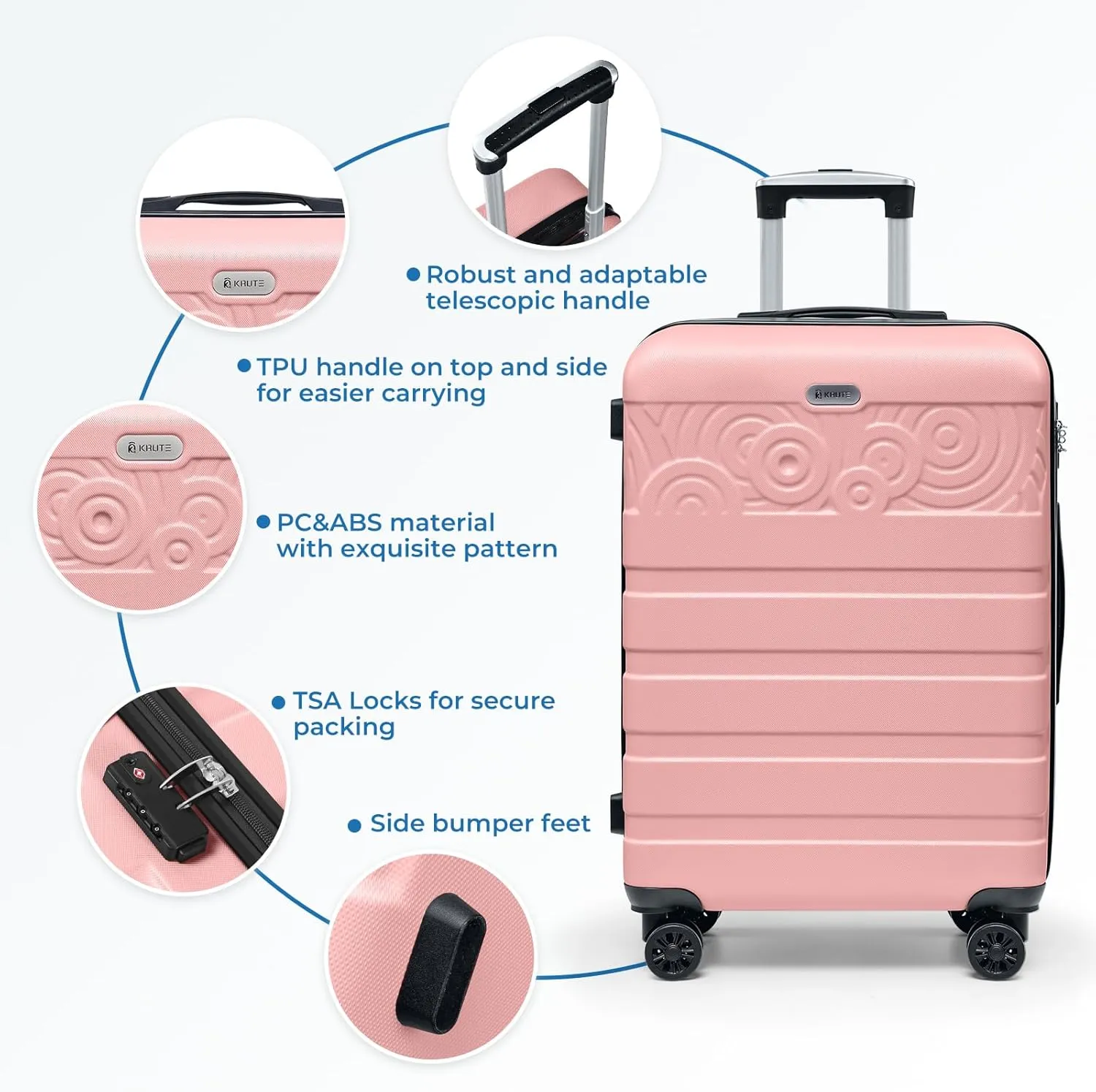 Krute Suitcases with Wheels, 24 Inch Checked Luggage with Spinner Wheels, Lightweight PC ABS TSA Lock Hard Shell Luggage Unique PatternsPink