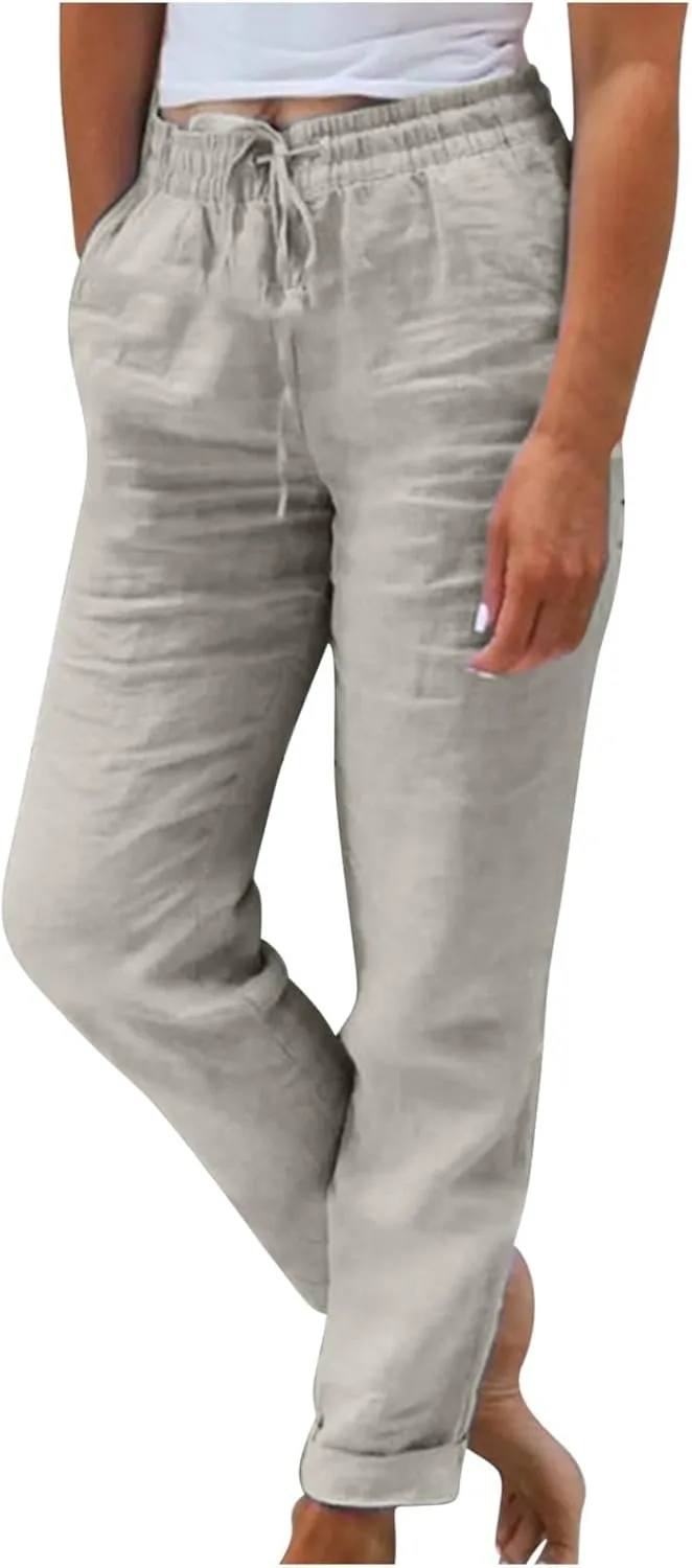 Ladies Solid Color Summer Trousers Cotton and Linen Loose Drawstring Casual Pants High Waist Wide Leg Pant for Lounge