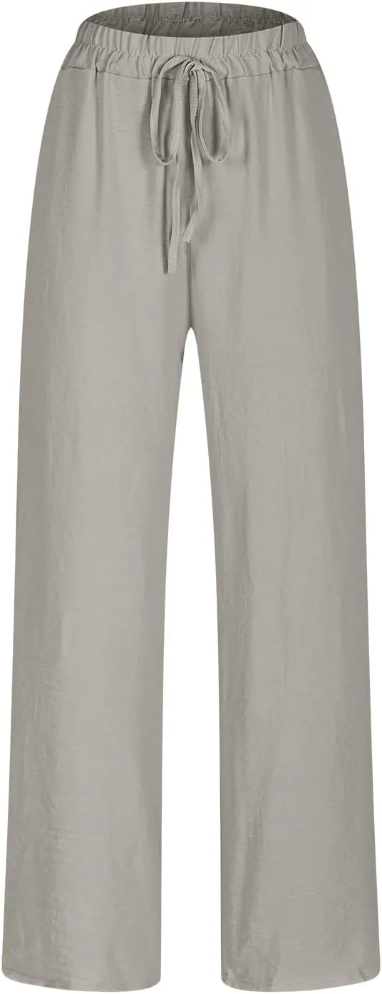 Ladies Solid Color Summer Trousers Cotton and Linen Loose Drawstring Casual Pants High Waist Wide Leg Pant for Lounge