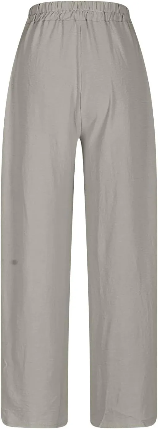 Ladies Solid Color Summer Trousers Cotton and Linen Loose Drawstring Casual Pants High Waist Wide Leg Pant for Lounge