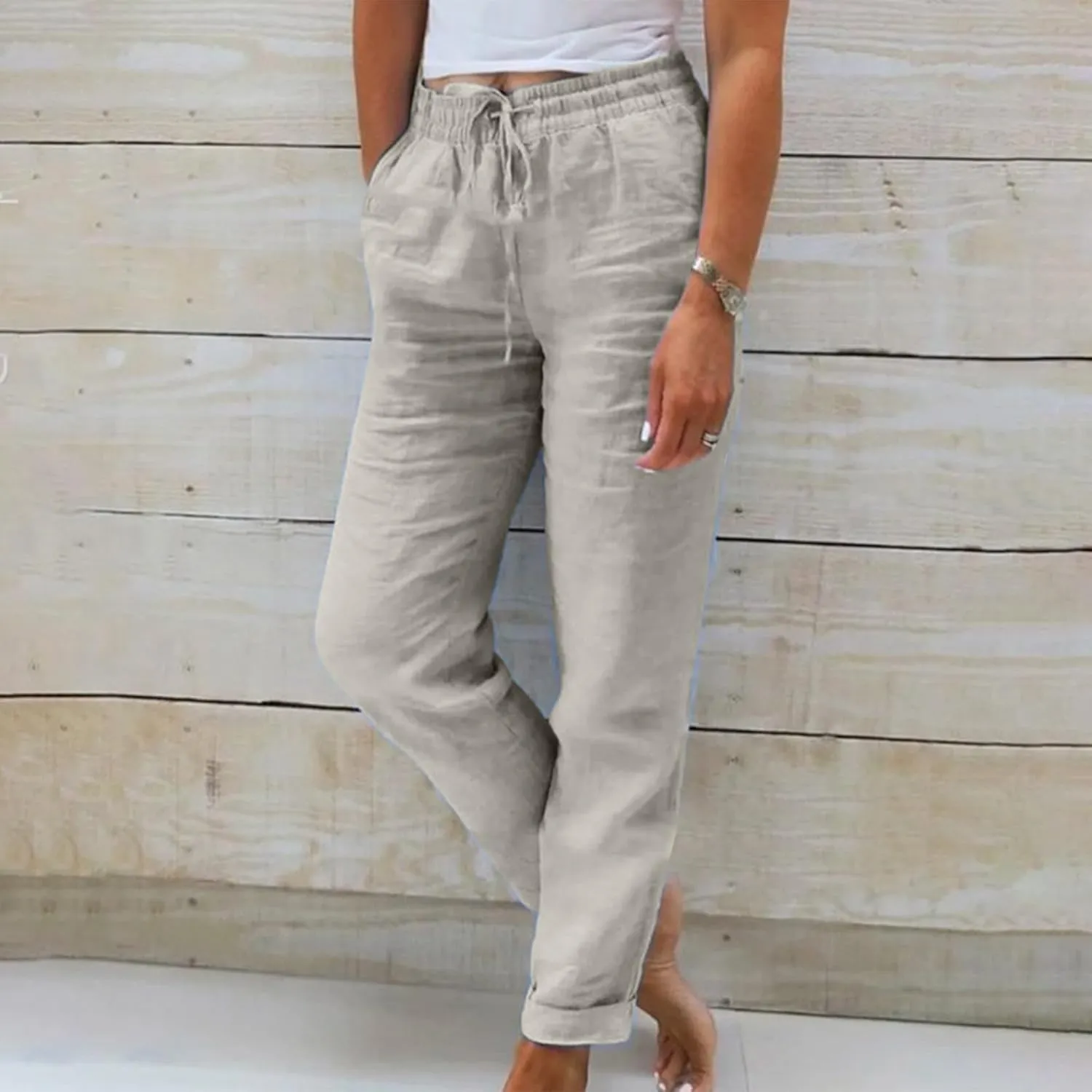 Ladies Solid Color Summer Trousers Cotton and Linen Loose Drawstring Casual Pants High Waist Wide Leg Pant for Lounge