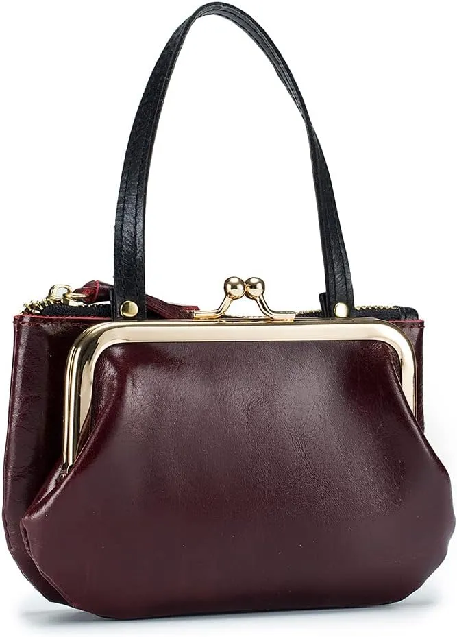 Ladies Vintage Creative Storage Wallet Coin Purse Genuine Leather Women Large Capacity Clutch with Wristlet Strap Multi-Function Handbag, Dark Wine Red, M, Modern