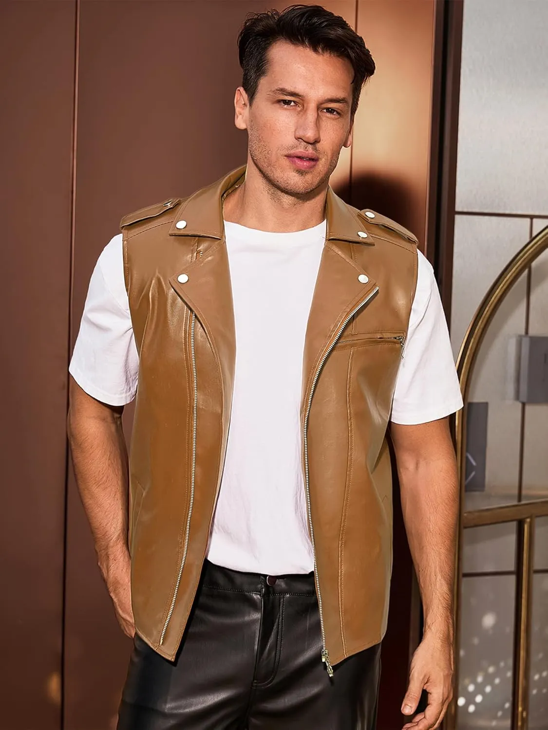 Lars Amadeus Faux Leather Vest for Men's Motorcycle Biker Sleeveless Jacket Zipper Riding PU Vest