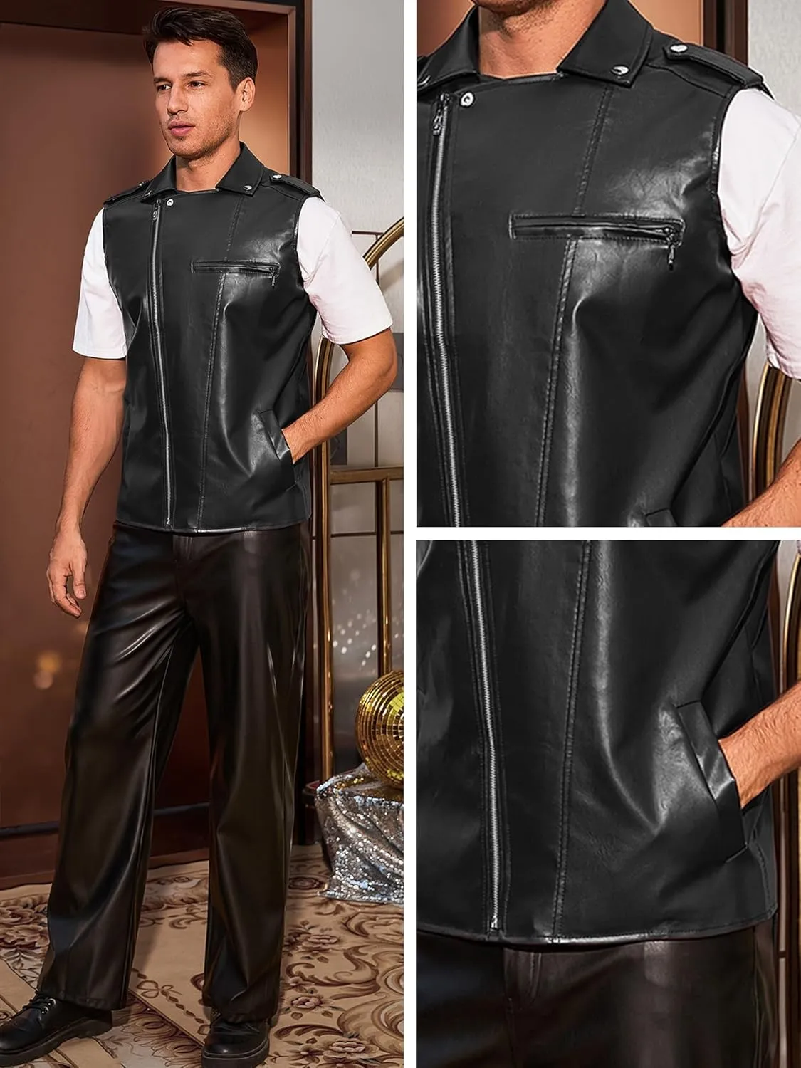 Lars Amadeus Faux Leather Vest for Men's Motorcycle Biker Sleeveless Jacket Zipper Riding PU Vest