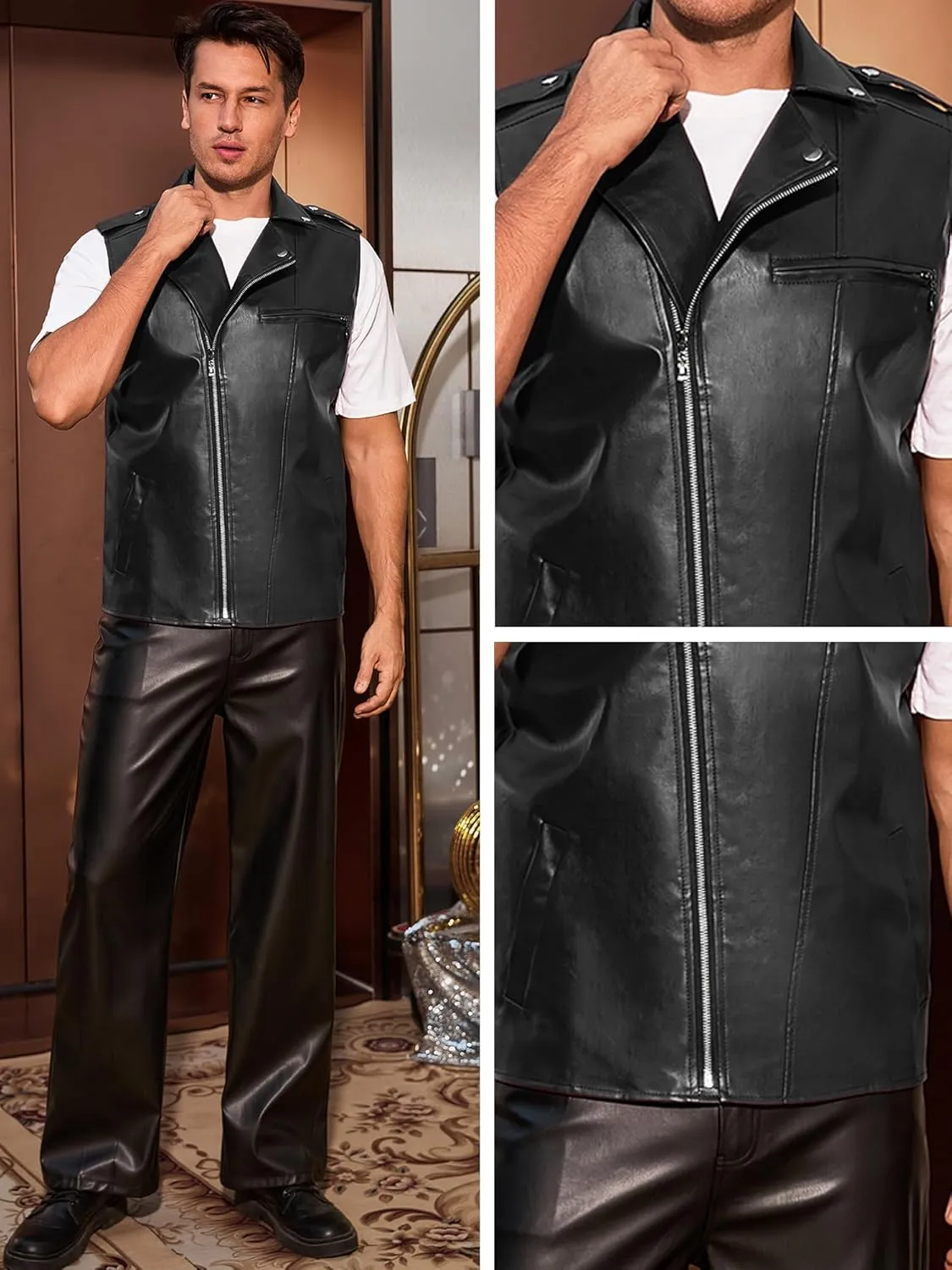 Lars Amadeus Faux Leather Vest for Men's Motorcycle Biker Sleeveless Jacket Zipper Riding PU Vest