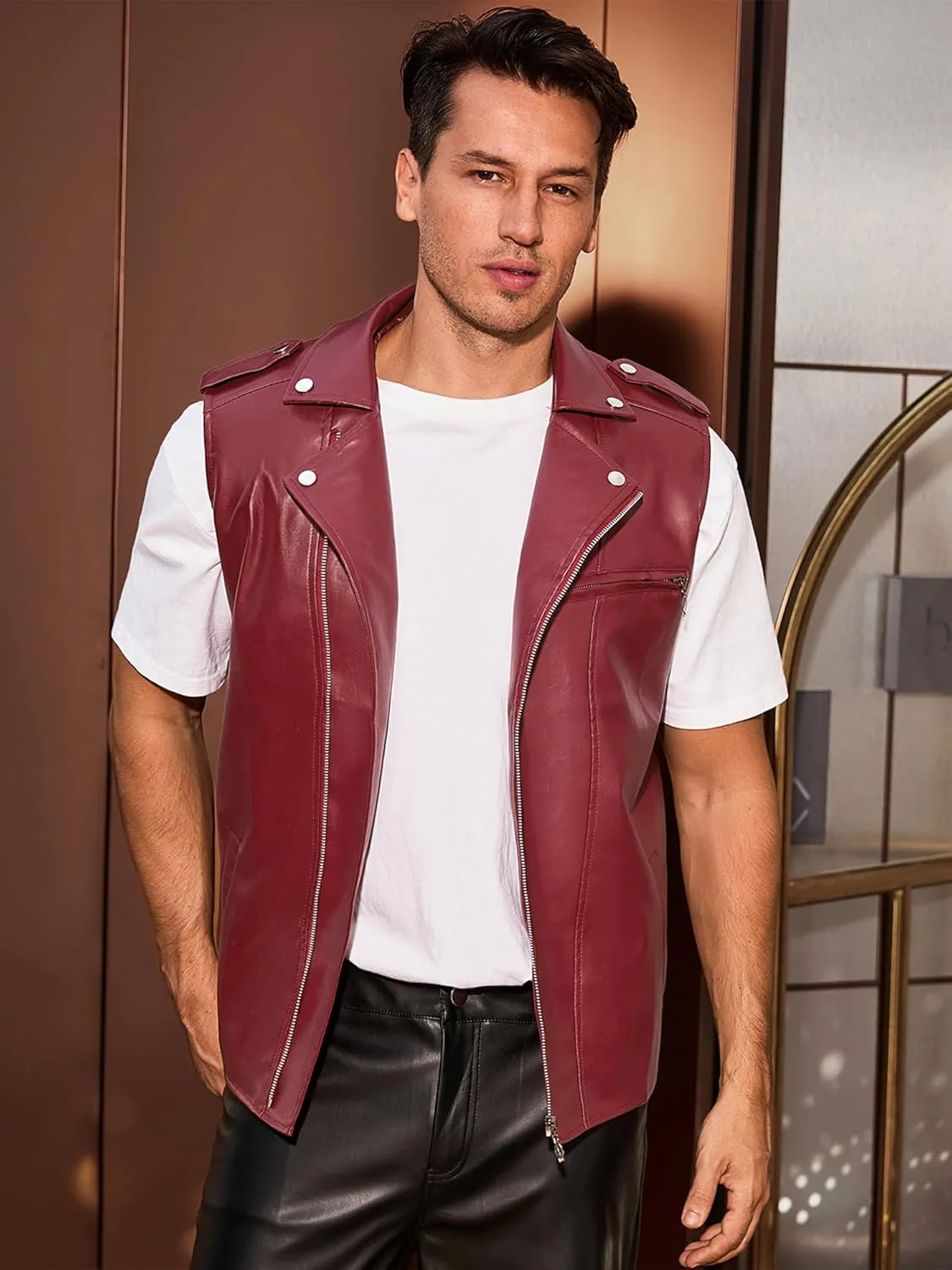 Lars Amadeus Faux Leather Vest for Men's Motorcycle Biker Sleeveless Jacket Zipper Riding PU Vest