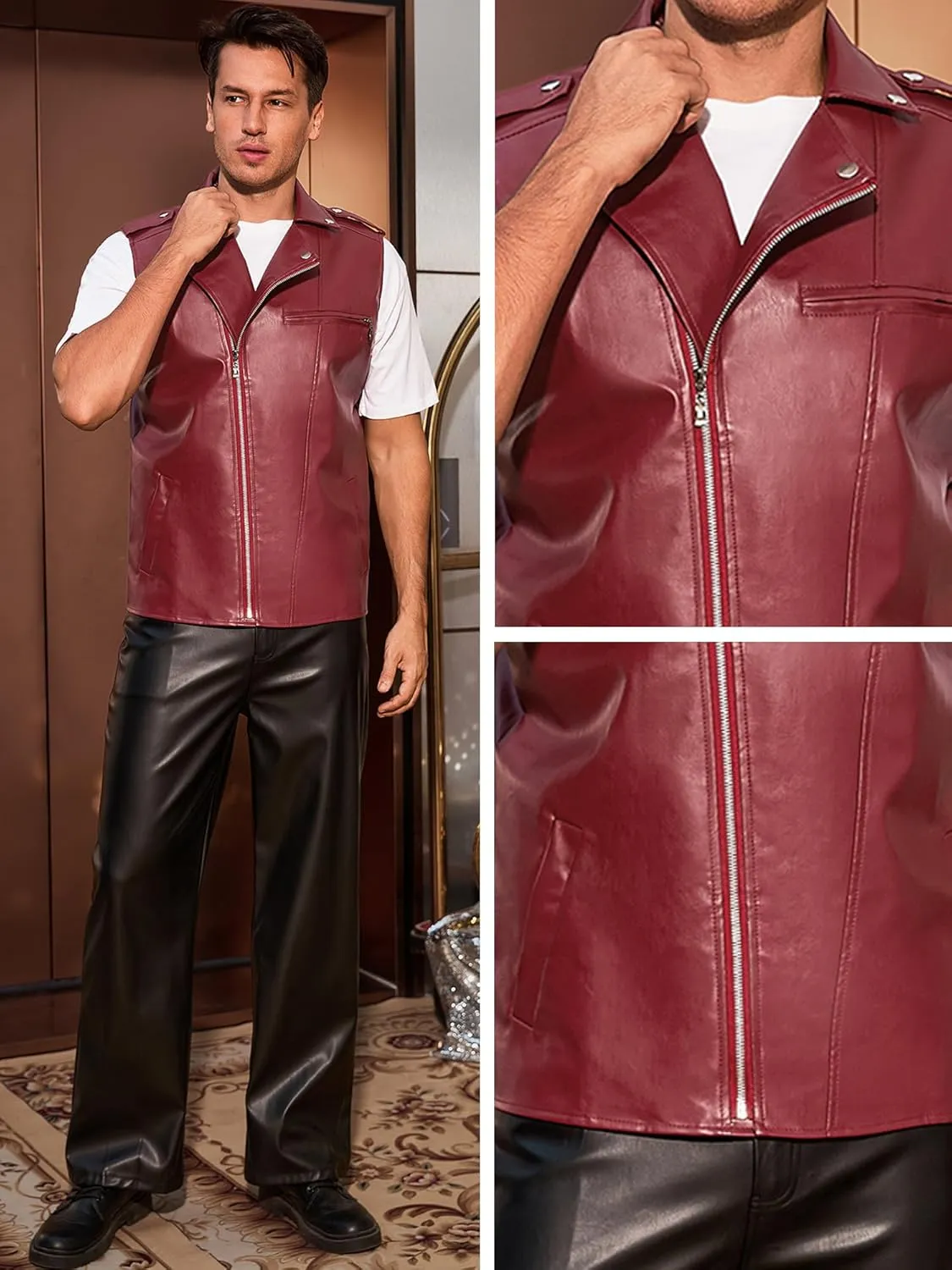 Lars Amadeus Faux Leather Vest for Men's Motorcycle Biker Sleeveless Jacket Zipper Riding PU Vest