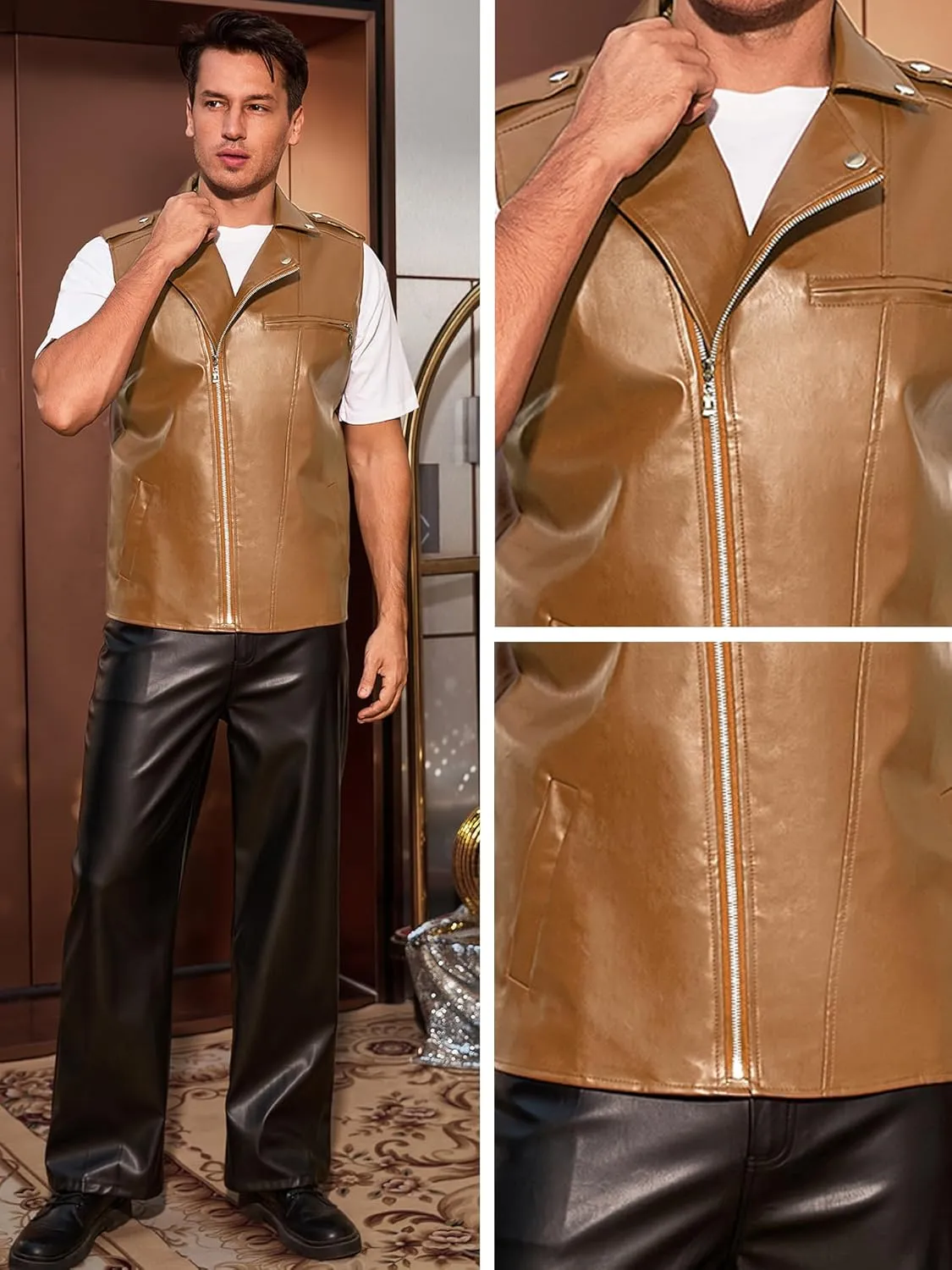 Lars Amadeus Faux Leather Vest for Men's Motorcycle Biker Sleeveless Jacket Zipper Riding PU Vest