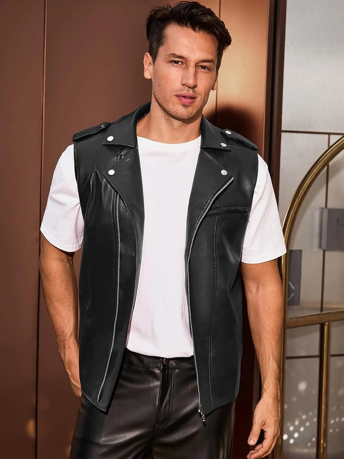 Lars Amadeus Faux Leather Vest for Men's Motorcycle Biker Sleeveless Jacket Zipper Riding PU Vest