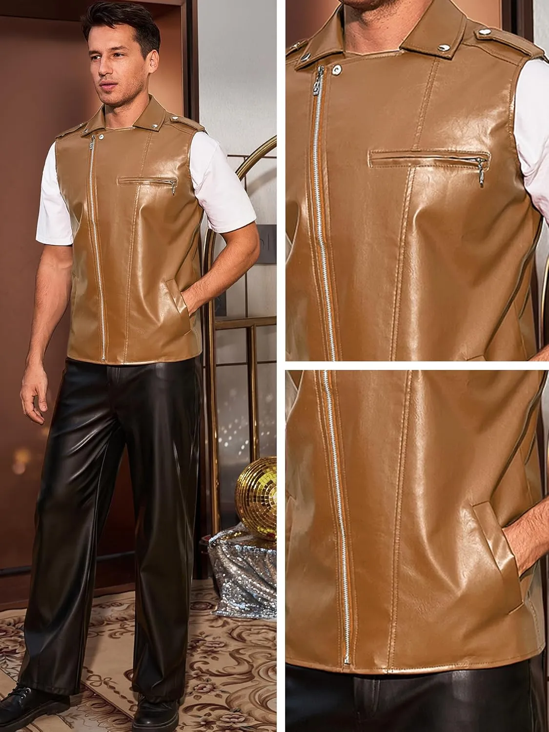 Lars Amadeus Faux Leather Vest for Men's Motorcycle Biker Sleeveless Jacket Zipper Riding PU Vest