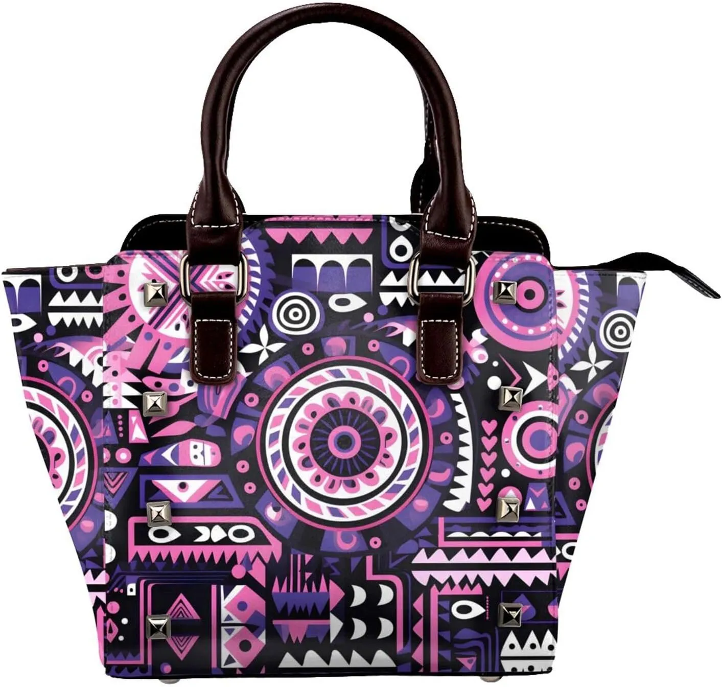 Leather Shoulder Bag for Women, Modern Abstract Studded Purse Art Geometric Crossbody Handbags Punk Hobo Bag with Adjustable Strap