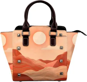 Leather Shoulder Bag for Women, Sunset Desert Studded Purse Modern Boho Mountain Crossbody Handbags Punk Hobo Bag with Adjustable Strap