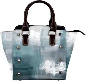 Leather Shoulder Bag for Women, Teal Gray Texture Studded Purse Modern Abstract Crossbody Handbags Punk Hobo Bag with Adjustable Strap