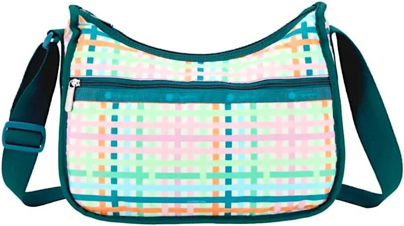 LeSportsac Mason Madras Classic Hobo Crossbody Bag   Cosmetic Bag, Style 7520/Color E875, Festive Tropical Hues, Modern & Fun Interpretative Plaid Design, Lively Weave Design, Chevron Background