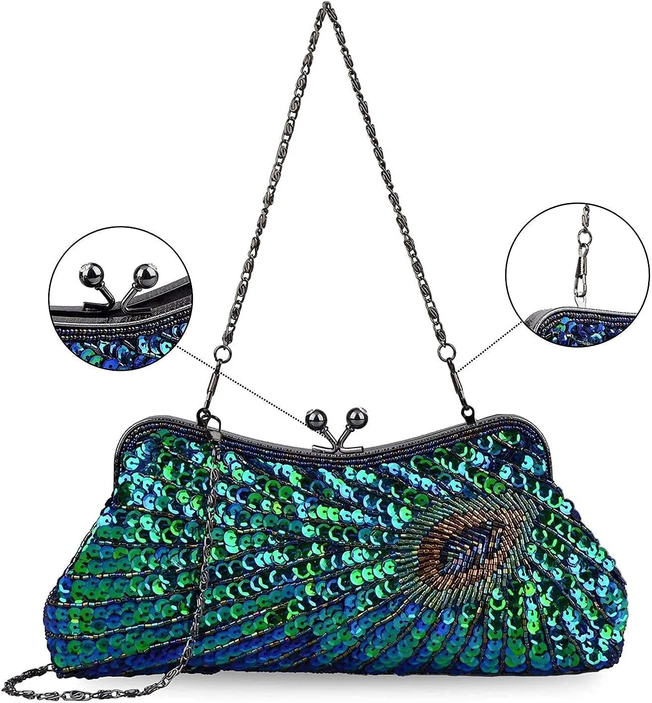 LIFEWISH Women's Unique Luxury Sequins Beaded Evening Bag Wedding Bridal Party Prom Clutch Purse tote HandbagPeacock blue