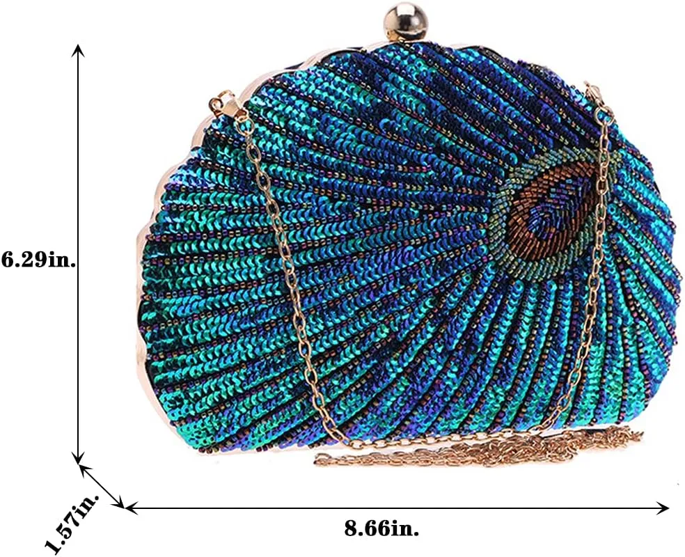LIFEWISH Women's Unique Luxury Sequins Beaded Evening Bag Wedding Bridal Party Prom Clutch Purse tote HandbagPeacock blue