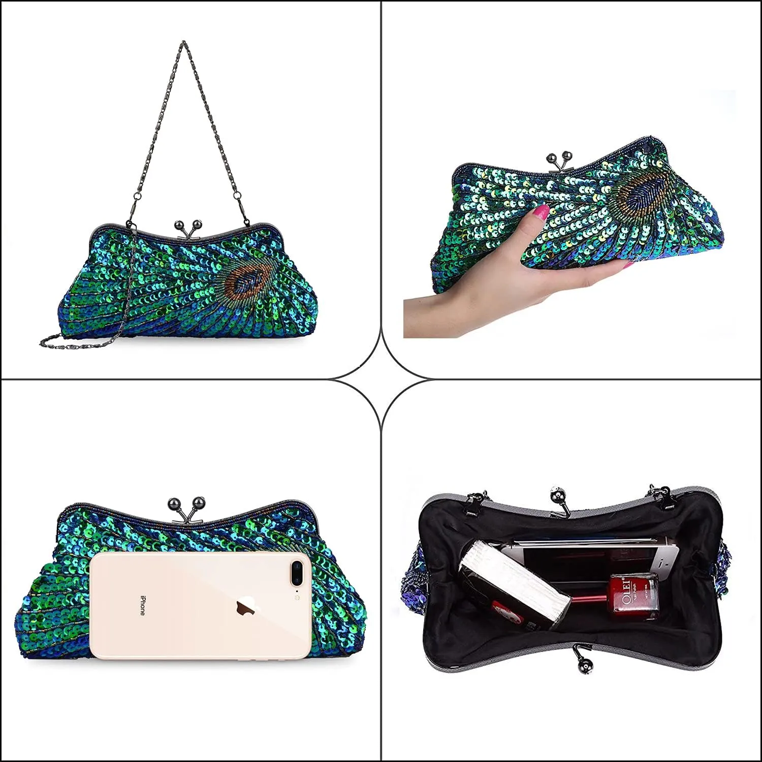 LIFEWISH Women's Unique Luxury Sequins Beaded Evening Bag Wedding Bridal Party Prom Clutch Purse tote HandbagPeacock blue