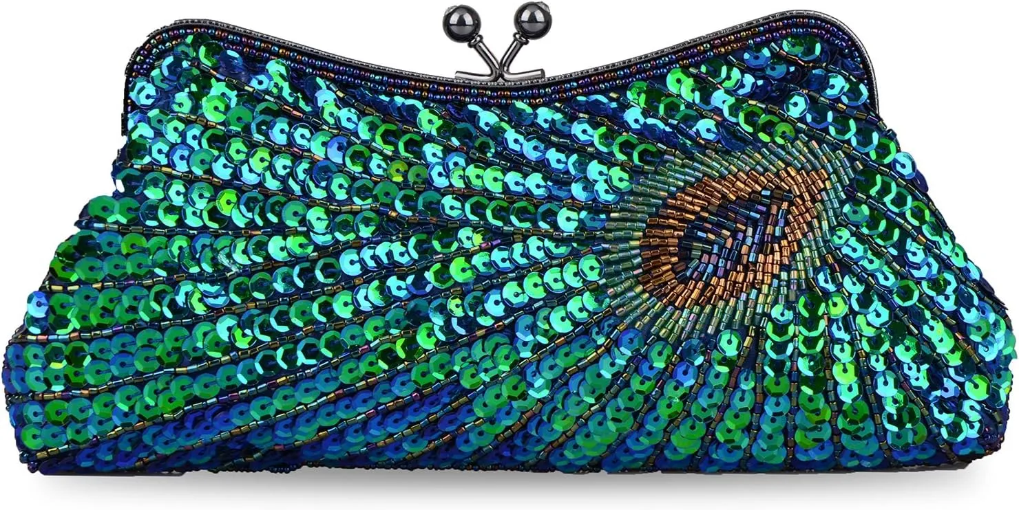LIFEWISH Women's Unique Luxury Sequins Beaded Evening Bag Wedding Bridal Party Prom Clutch Purse tote HandbagPeacock blue