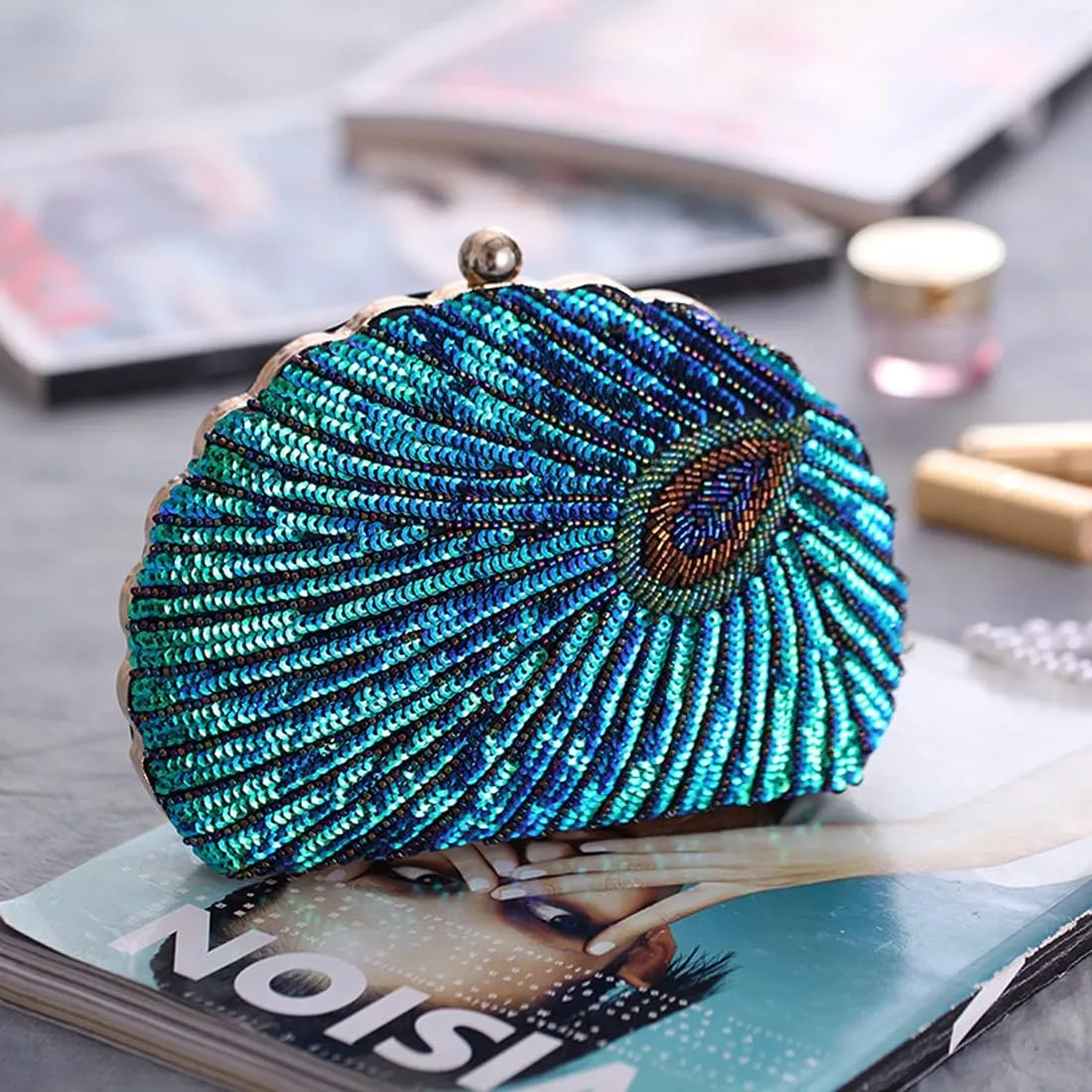 LIFEWISH Women's Unique Luxury Sequins Beaded Evening Bag Wedding Bridal Party Prom Clutch Purse tote HandbagPeacock blue