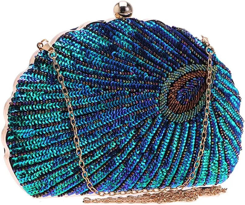 LIFEWISH Women's Unique Luxury Sequins Beaded Evening Bag Wedding Bridal Party Prom Clutch Purse tote HandbagPeacock blue