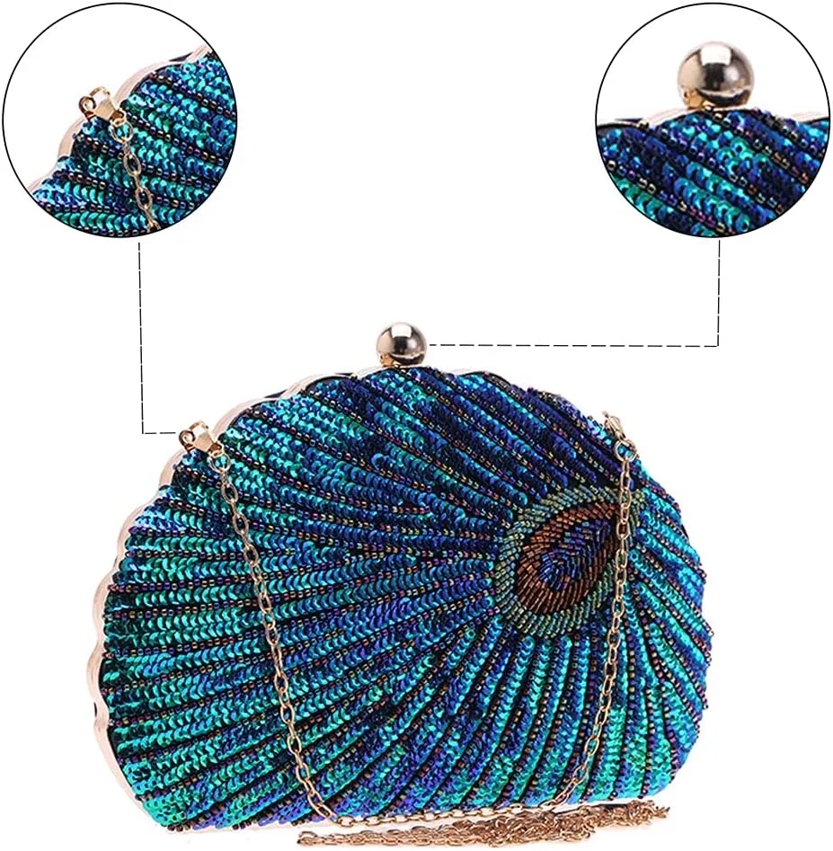 LIFEWISH Women's Unique Luxury Sequins Beaded Evening Bag Wedding Bridal Party Prom Clutch Purse tote HandbagPeacock blue