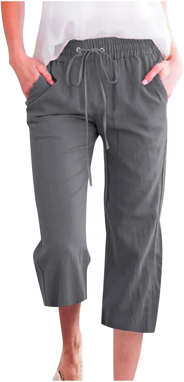 Linen Capris for Women 2024 Summer Drawstring Elastic Waist Capri Pants Wide Leg Cropped Beach Trousers with Pockets